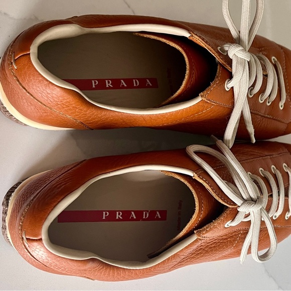 PRADA Men's Daino Calzature Donna Tan Leather Sneakers Size 9.5 (Authenticated) - Picture 9 of 16